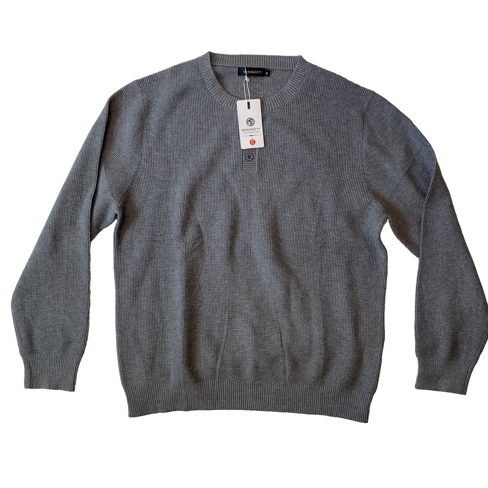 Merokeety Mens Long Sleeve Grey 1/4 Buttoned Sweater, XL